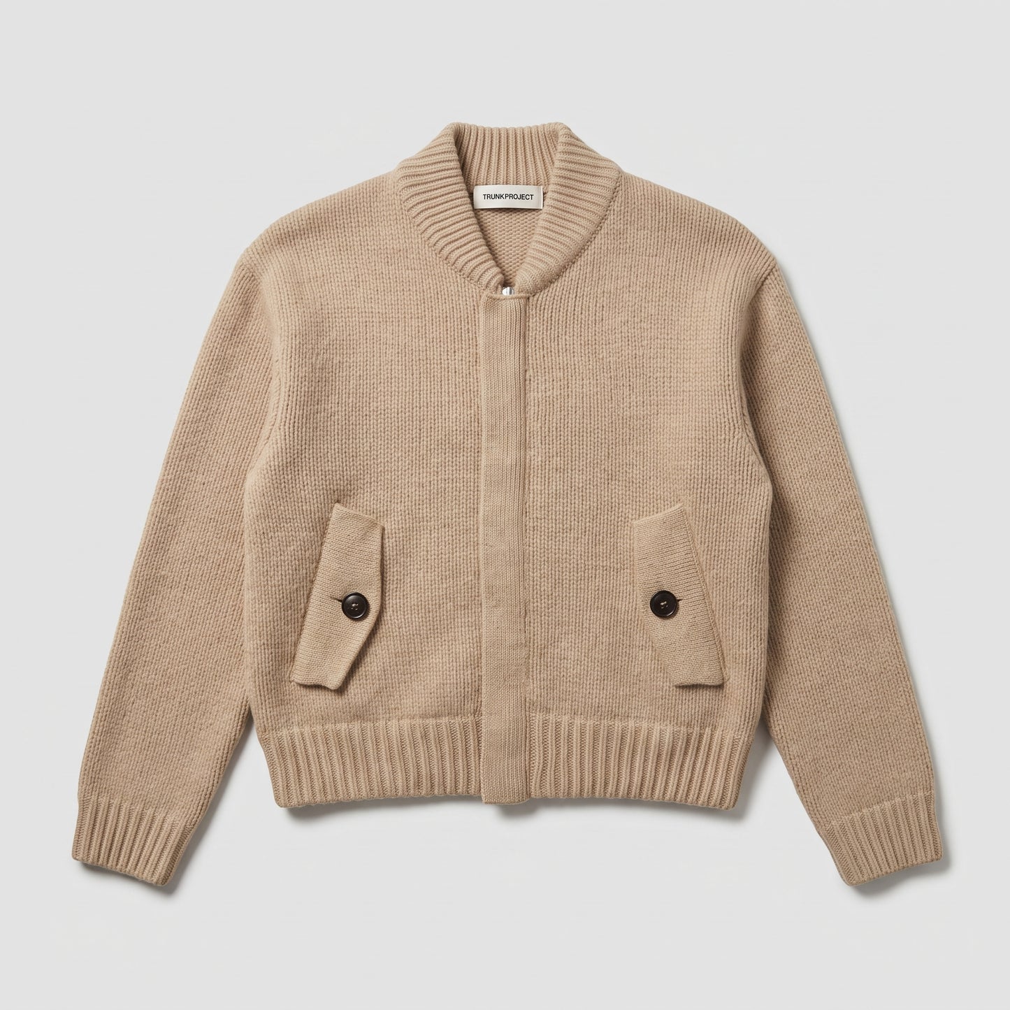 Beige Ribbed Knit Bomber Jacket