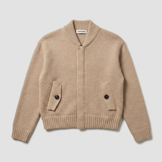Beige Ribbed Knit Bomber Jacket