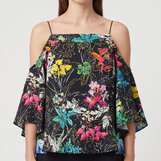 Floral Cold Shoulder Bell-Sleeve Top