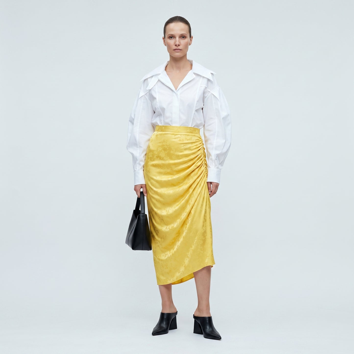 Ruched Floral Satin Midi Skirt