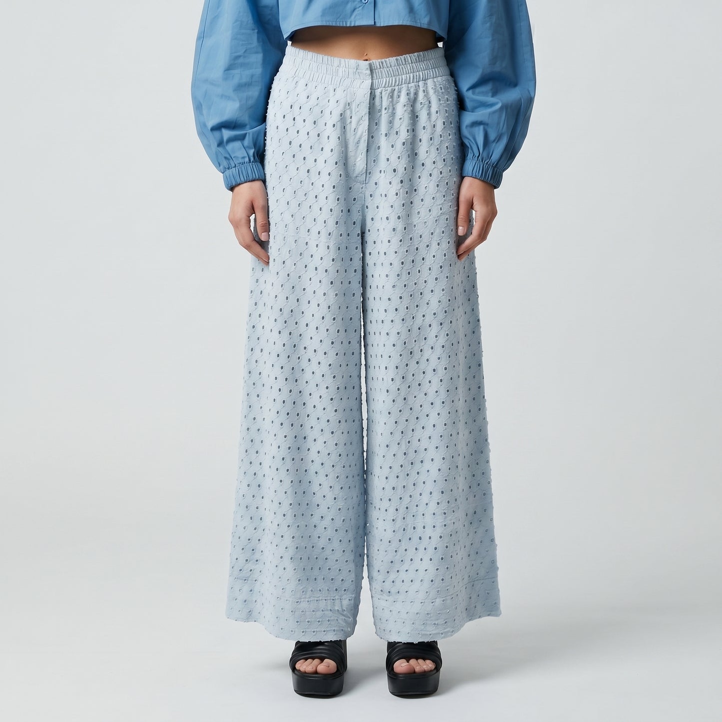 Textured Light Blue Wide-Leg Trousers