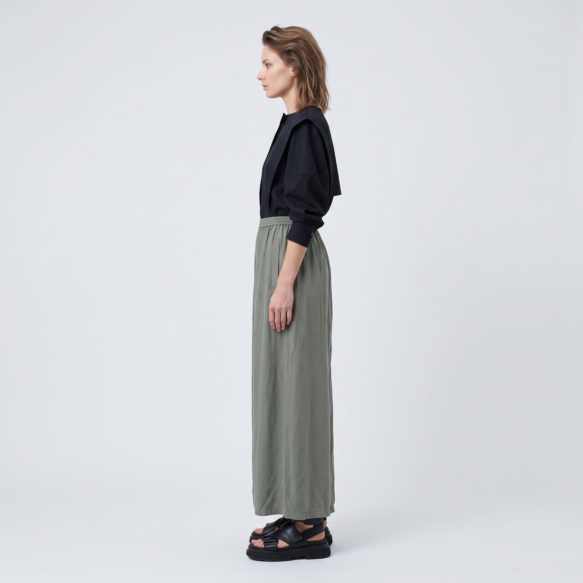 Olive Green Elastic Waist Skirt