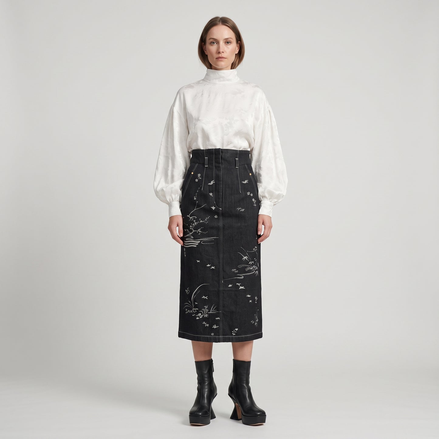 Embroidered Botanical Denim Pencil Skirt