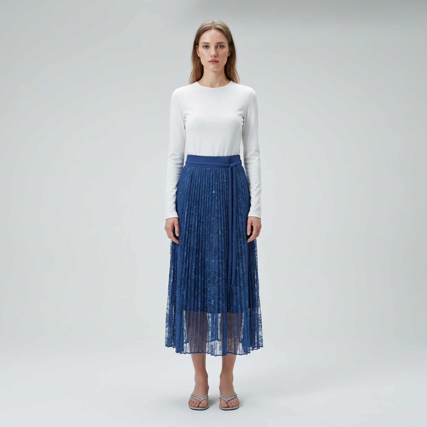 Navy Lace Pleated Midi Skirt