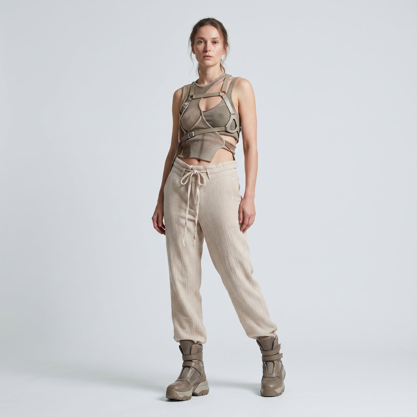 Textured Drawstring Beige Trousers