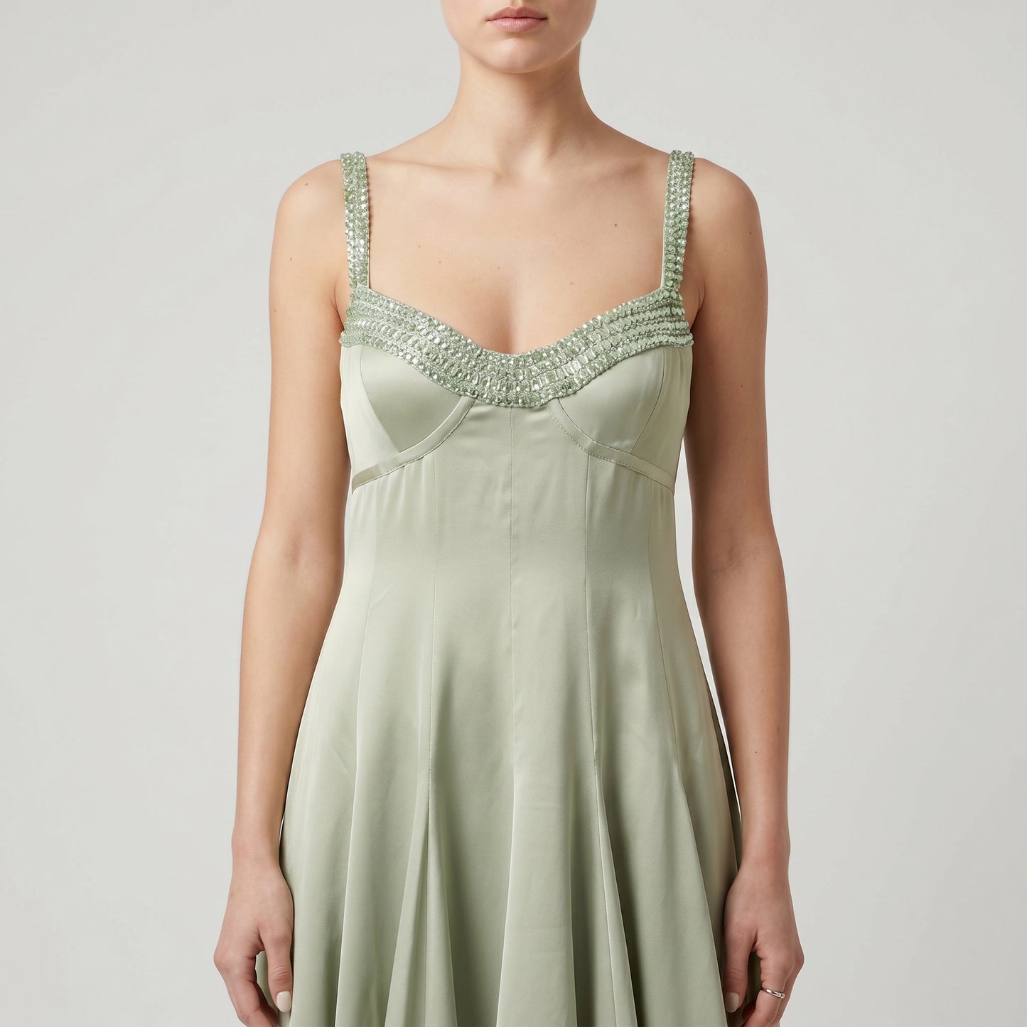 Embellished Sage Satin Midi Dress