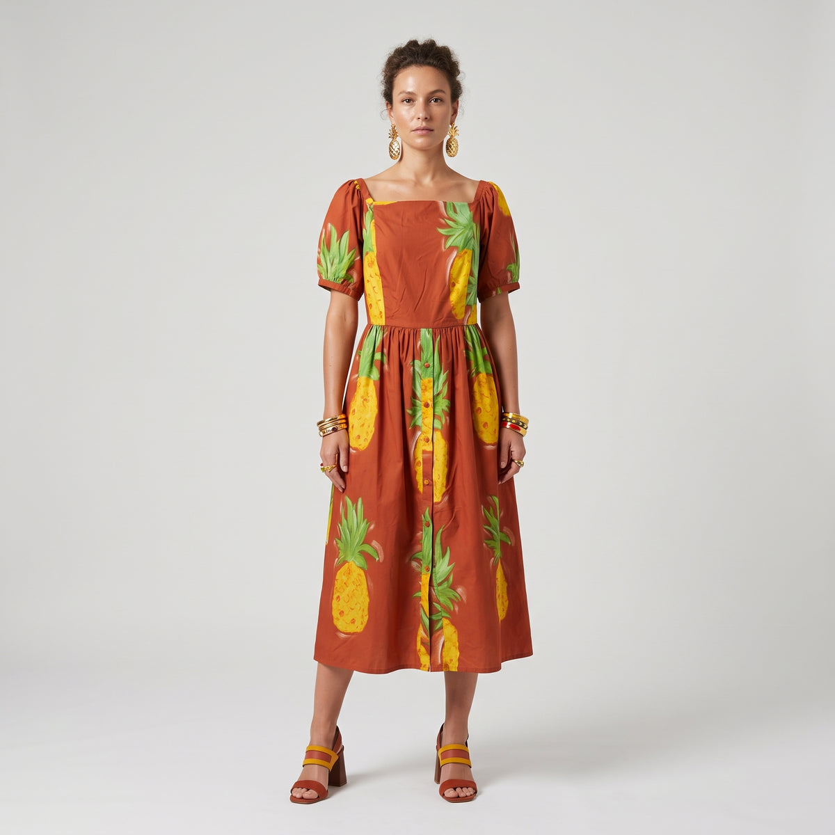 Pineapple Print Square Neck Dress
