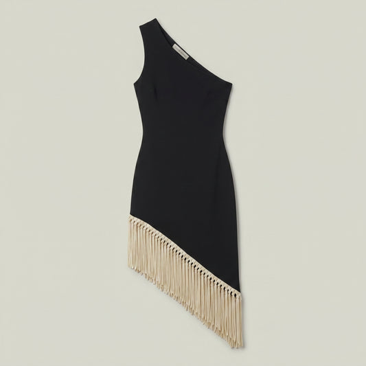 One-Shoulder Fringe Midi Dress