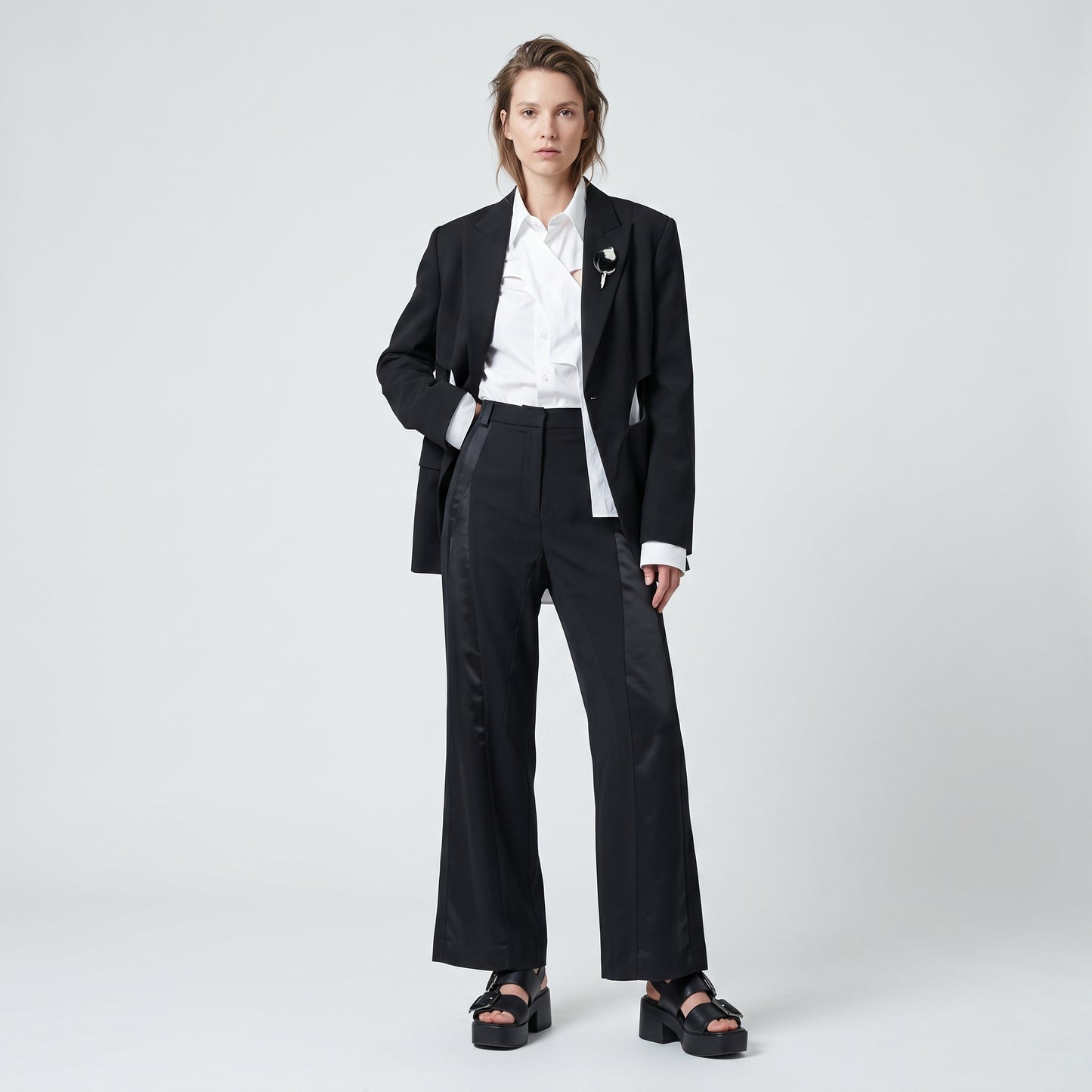 Tailored Satin-Paneled Black Trousers