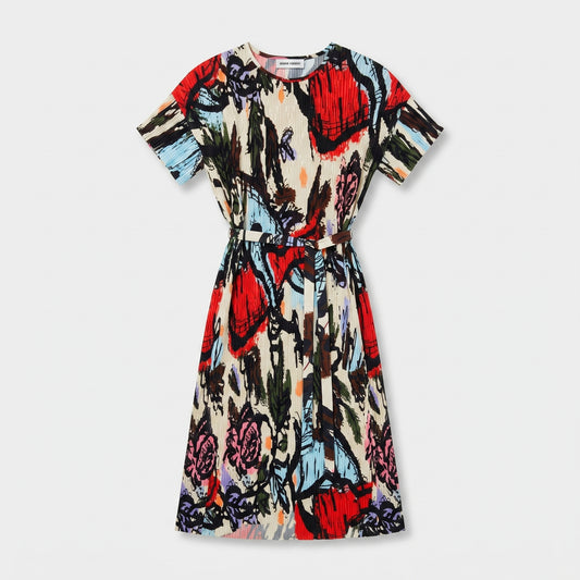 Abstract Floral Pleated Midi Dress