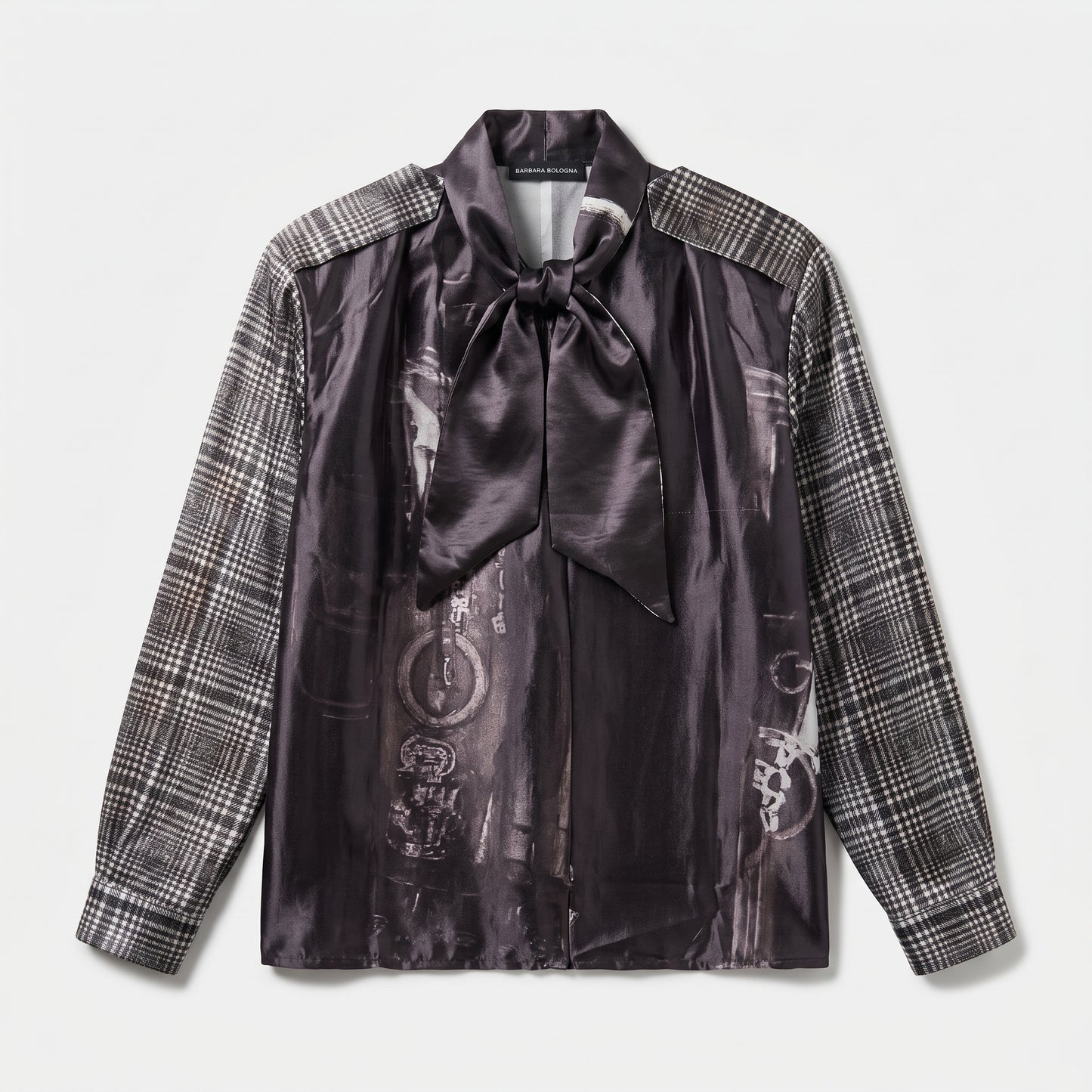 Plaid Panel Silk Tie Blouse