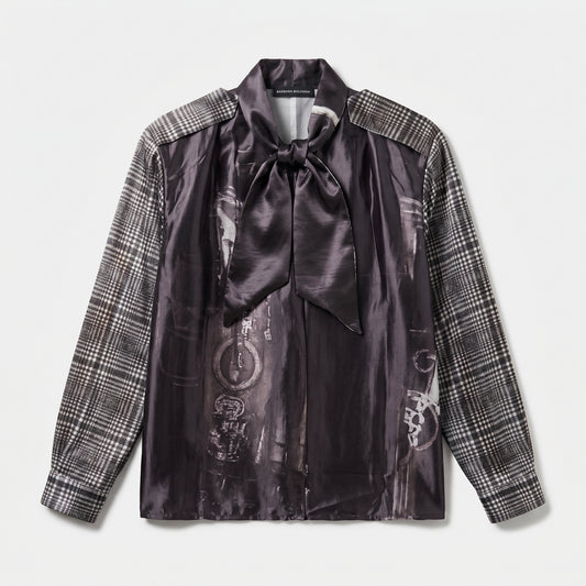 Plaid Panel Silk Tie Blouse