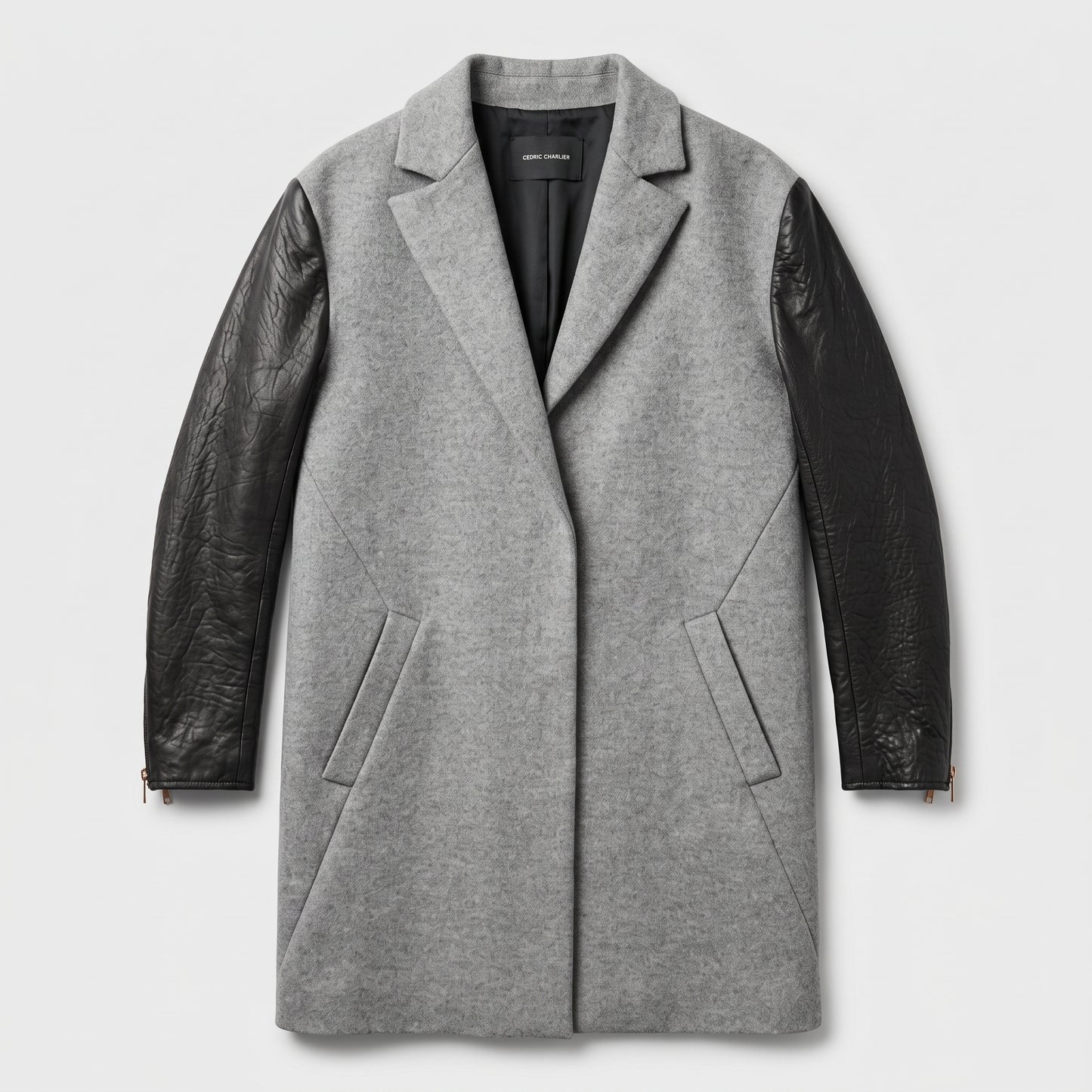 Wool Blend Leather Sleeve Coat