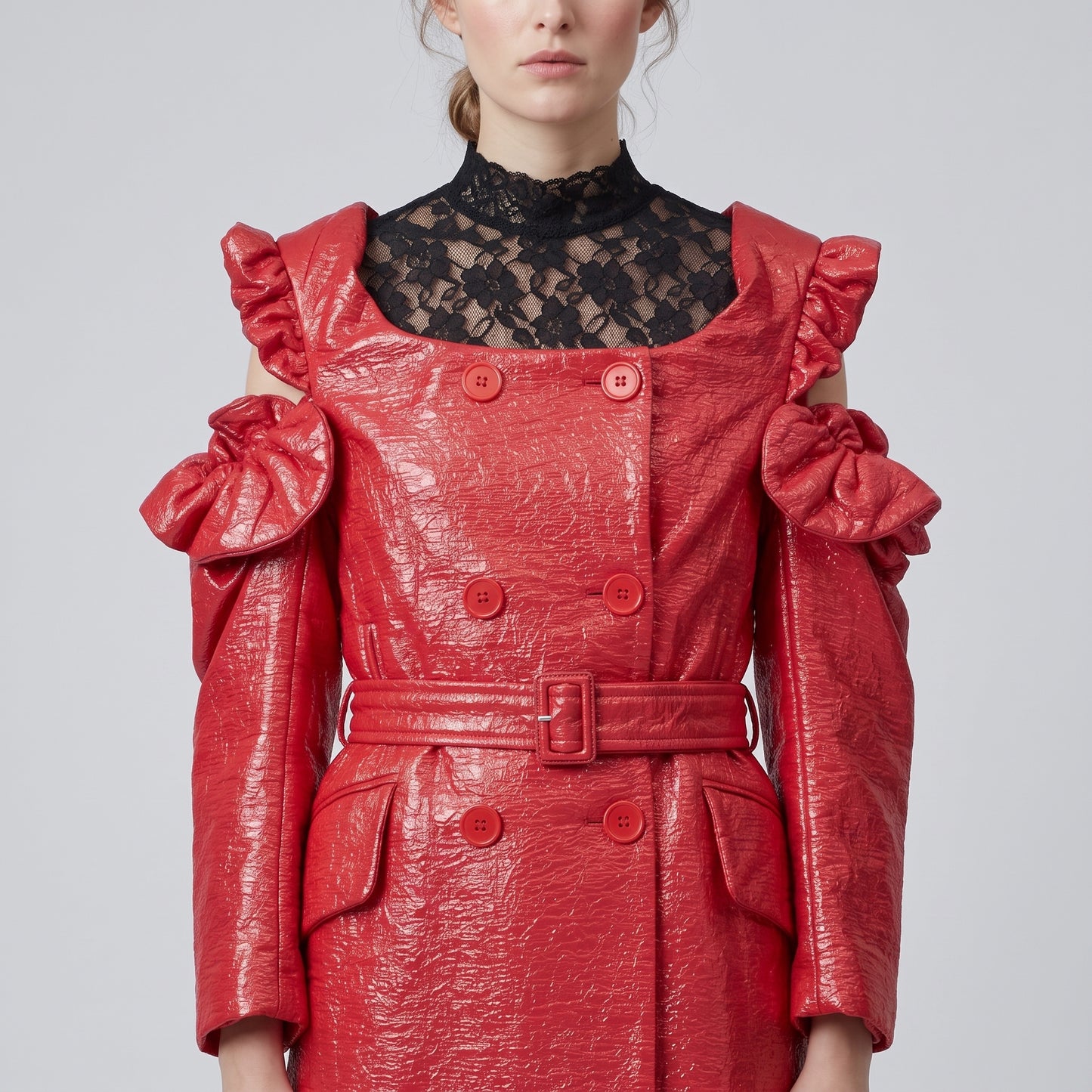 Red Ruffled Shoulder Trench Coat