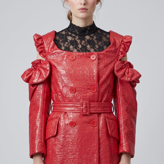 Red Ruffled Shoulder Trench Coat