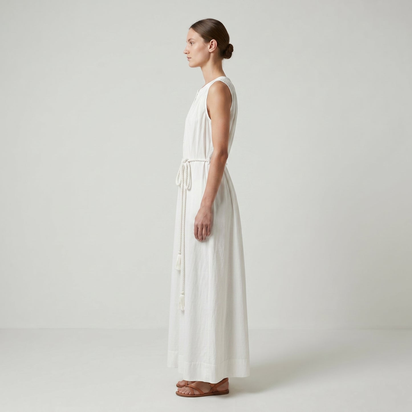Sleeveless Gathered Linen Midi Dress