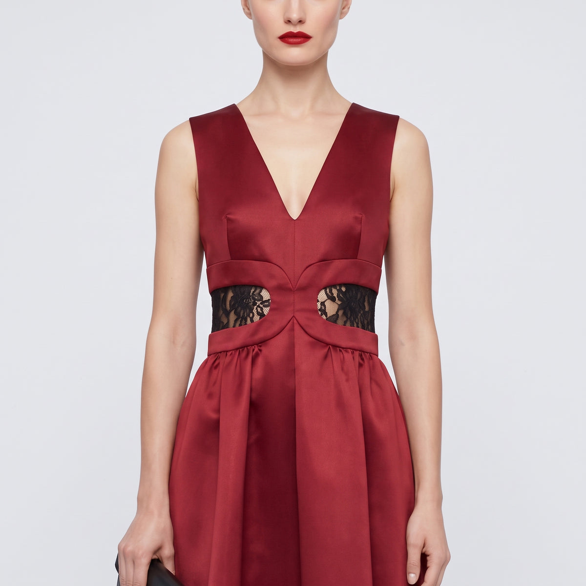 Burgundy Lace-Inset Evening Dress