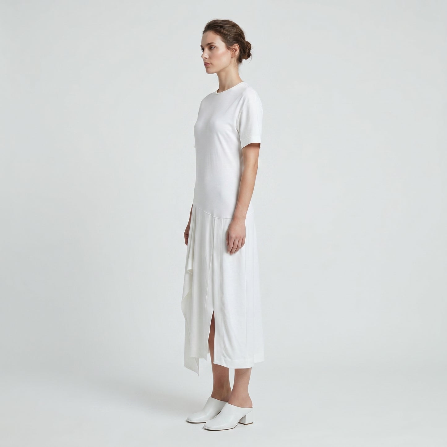 Asymmetric Hem White Cotton Dress