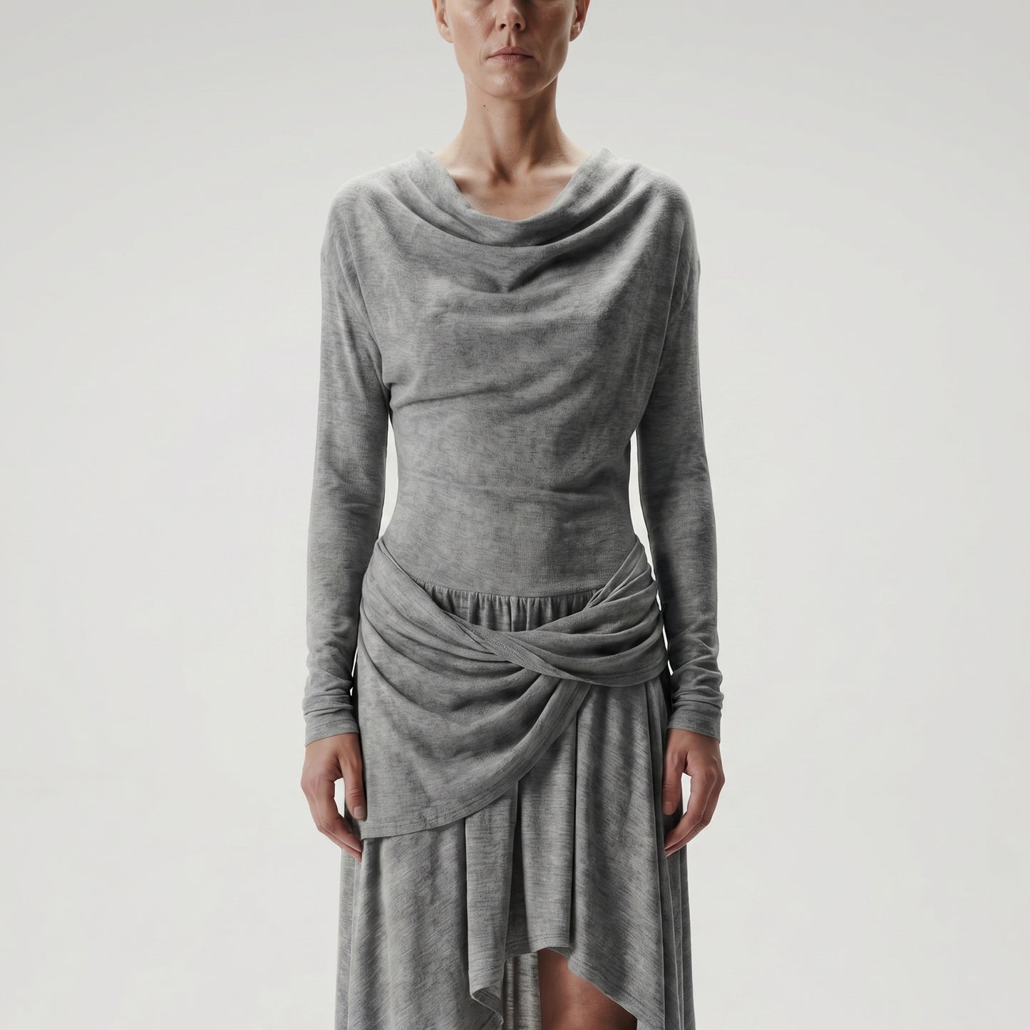 Grey Cowl Neck Draped Dress
