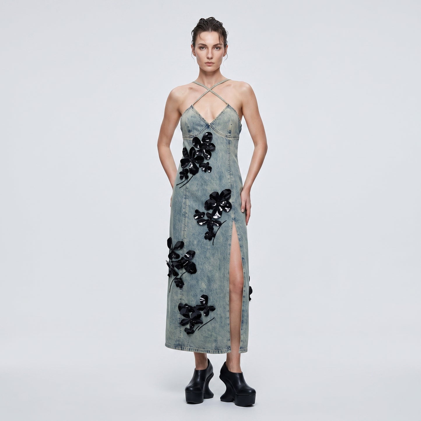 Floral Embellished Denim Midi Dress
