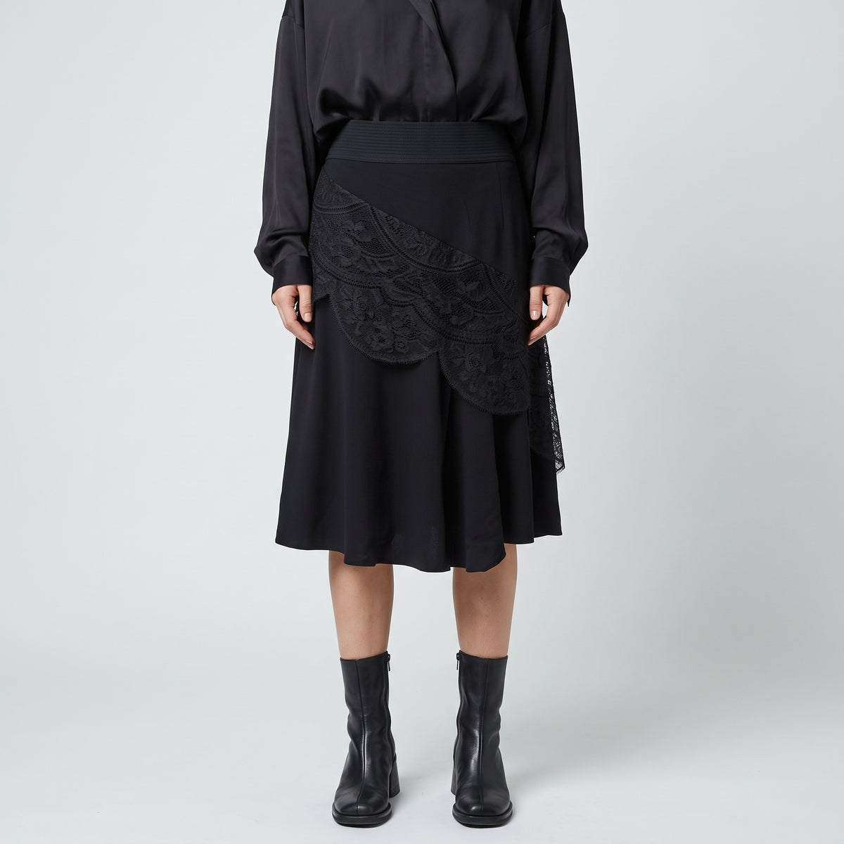 Asymmetric Lace Detail Midi Skirt