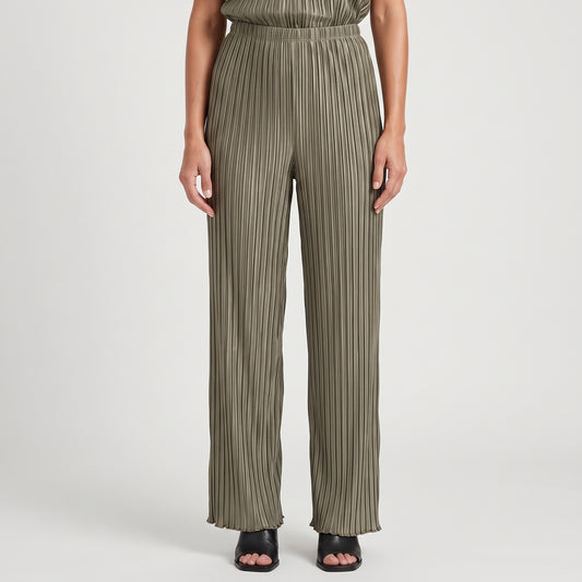 Pleated Wide Leg Olive Trousers