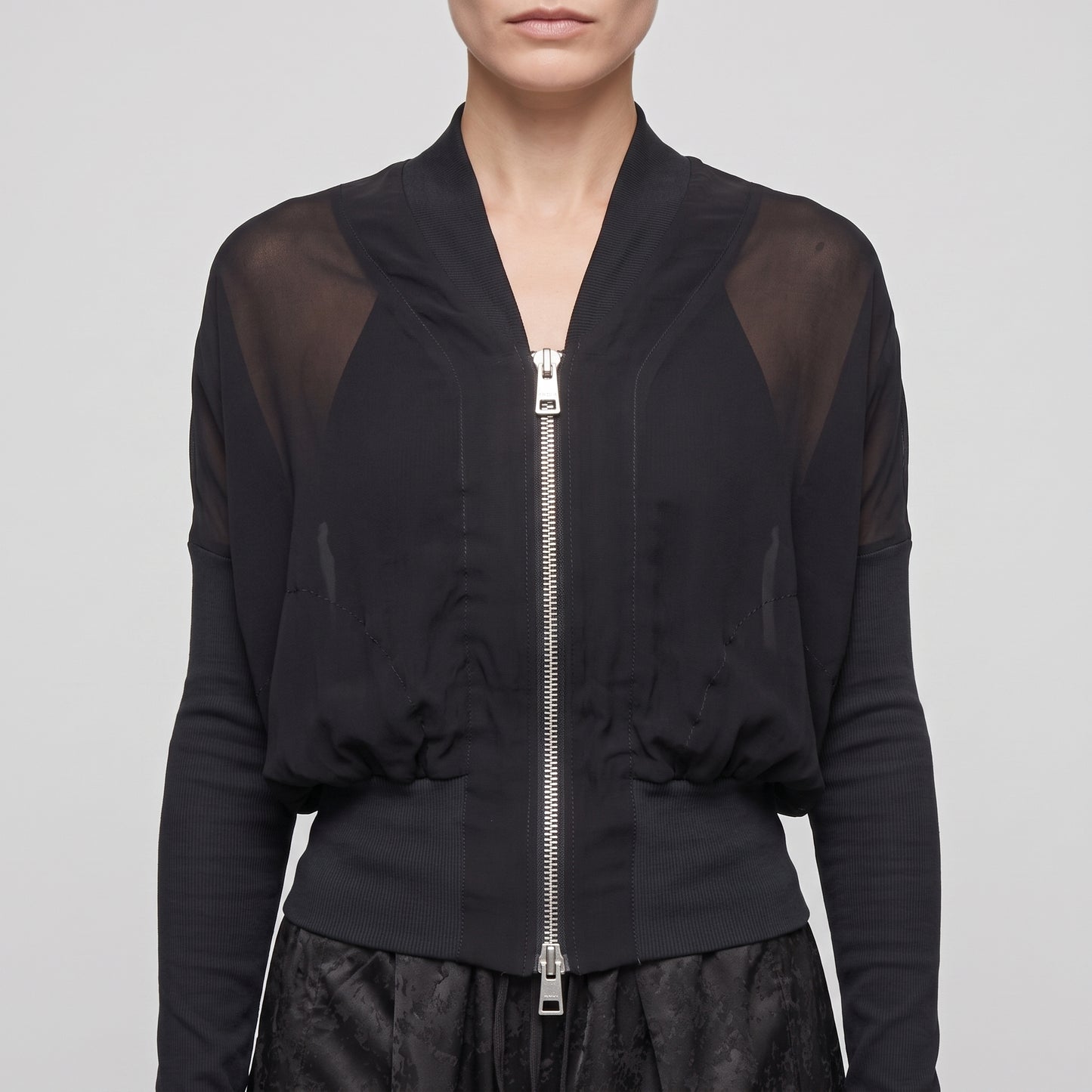 Sheer Paneled Zip Bomber Jacket