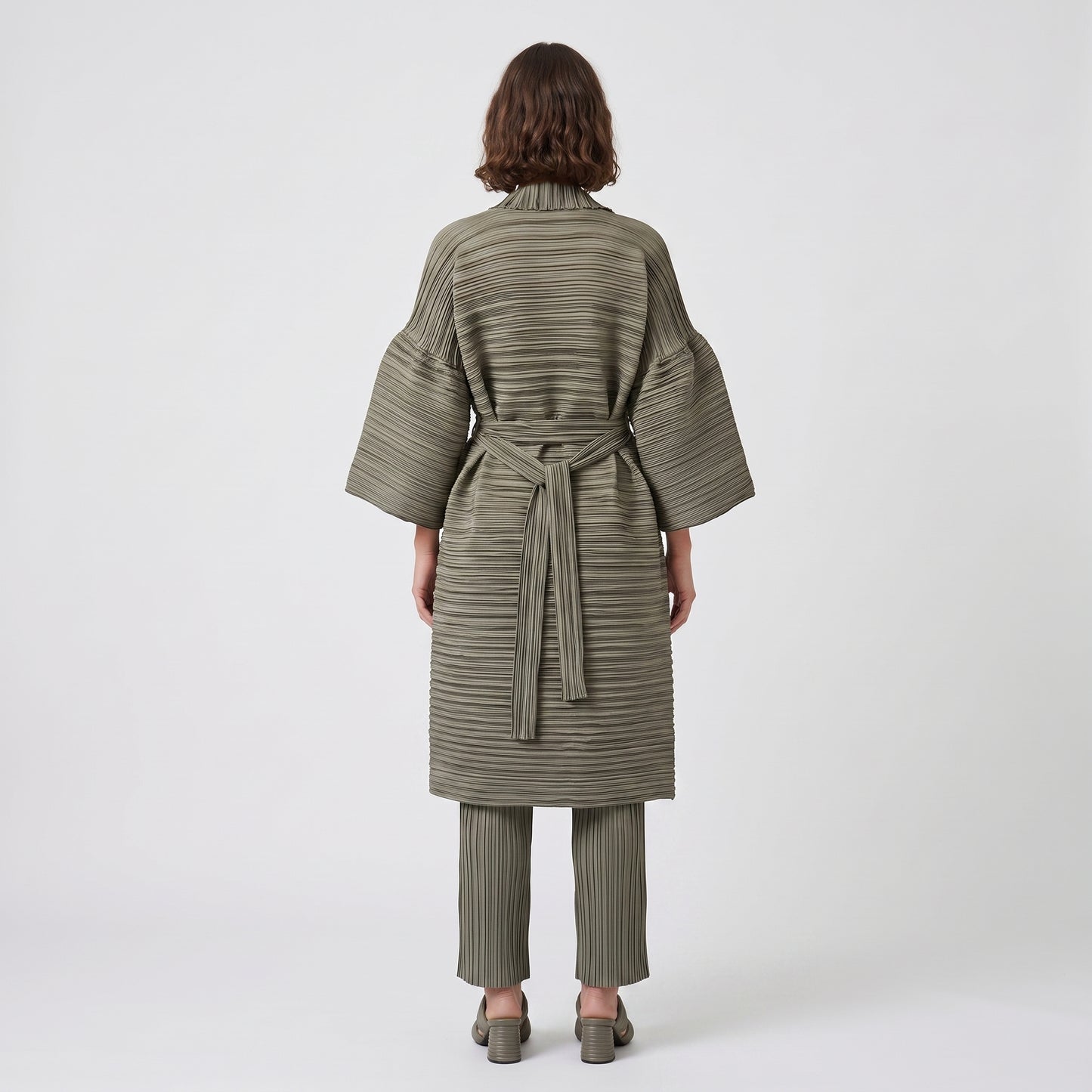 Pleated Olive Tie-Waist Cardigan