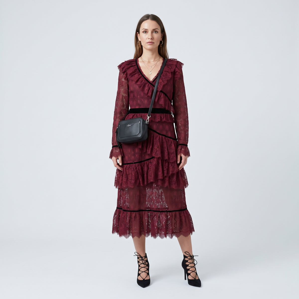 Burgundy Ruffled Lace Midi Dress