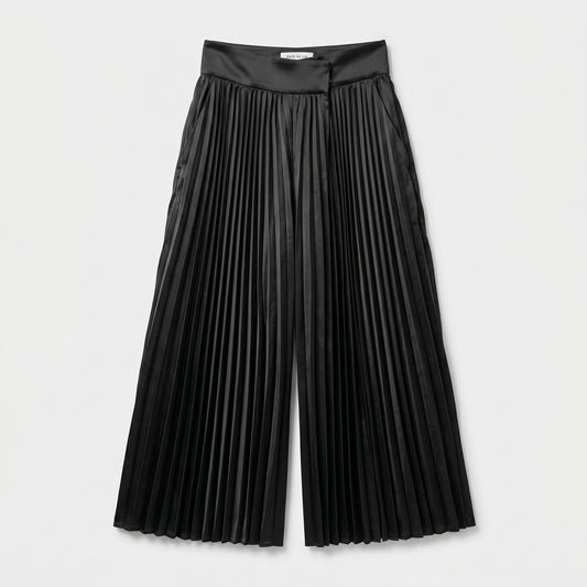 Satin Pleated Wide-Leg Trousers
