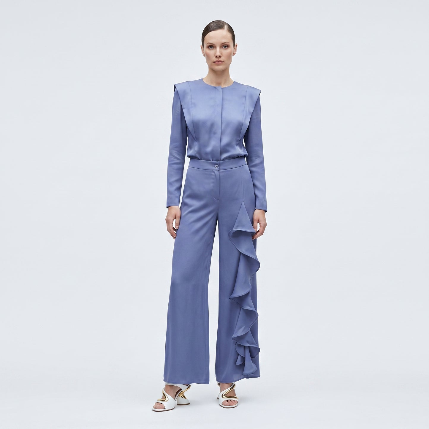 Blue Ruffle Detail Wide Trousers