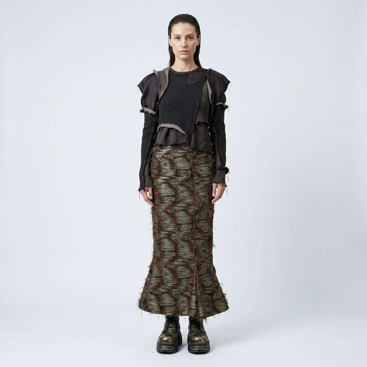 Textured Fringe Mermaid Midi Skirt