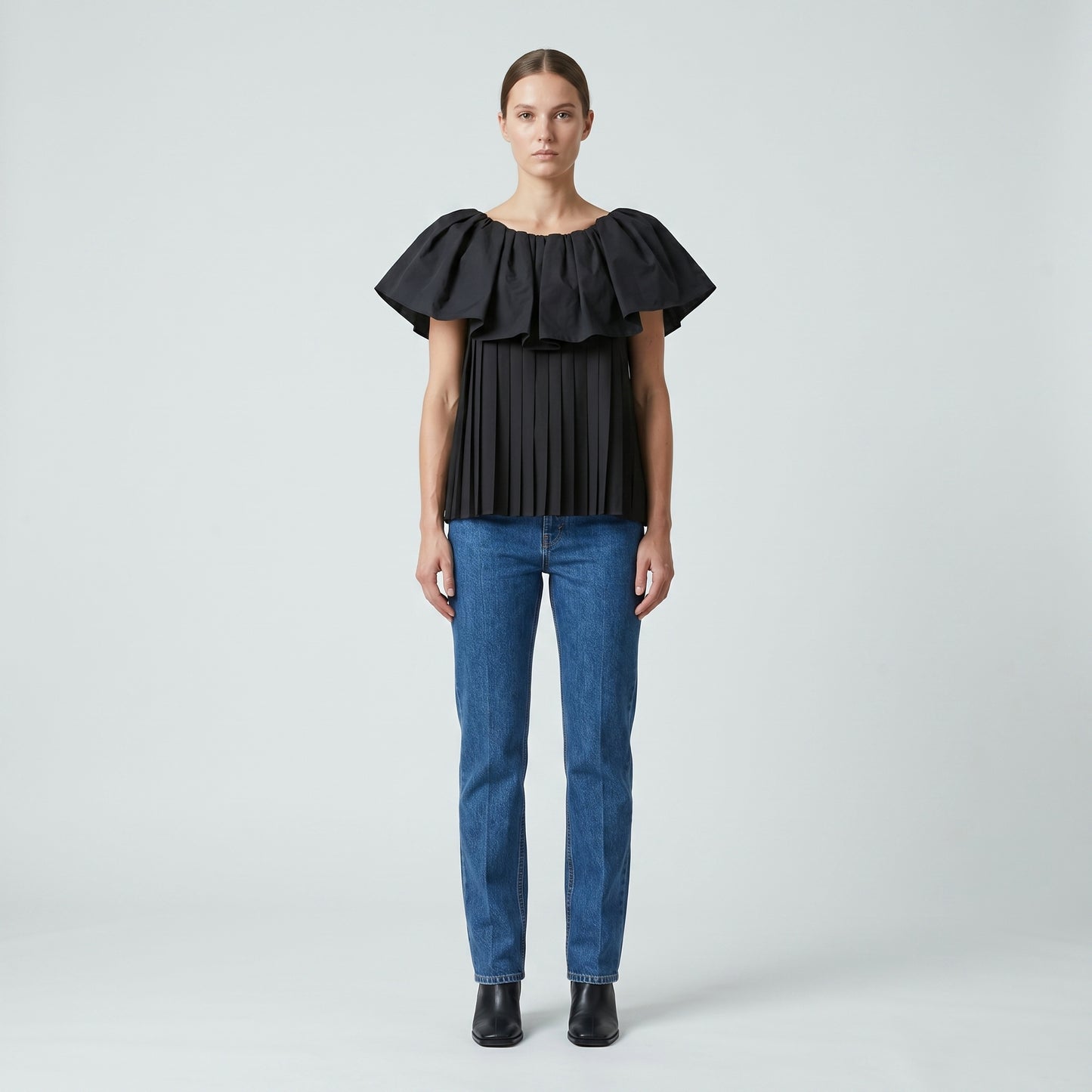 Pleated Ruffle Black Top