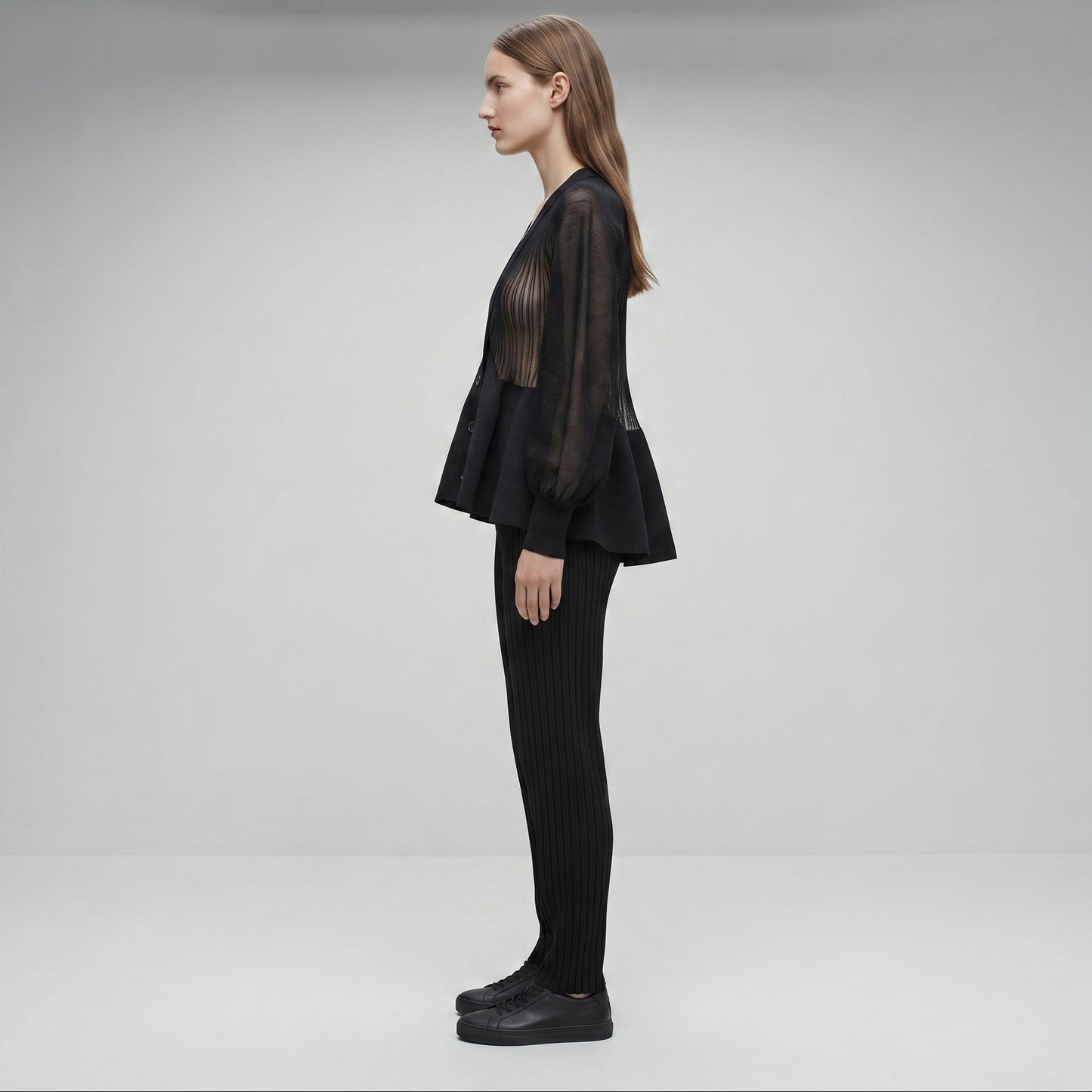 Sheer Peplum Button-Down Cardigan