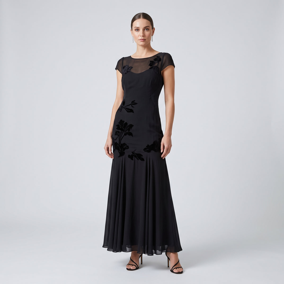 Floral Embroidered Black Midi Dress