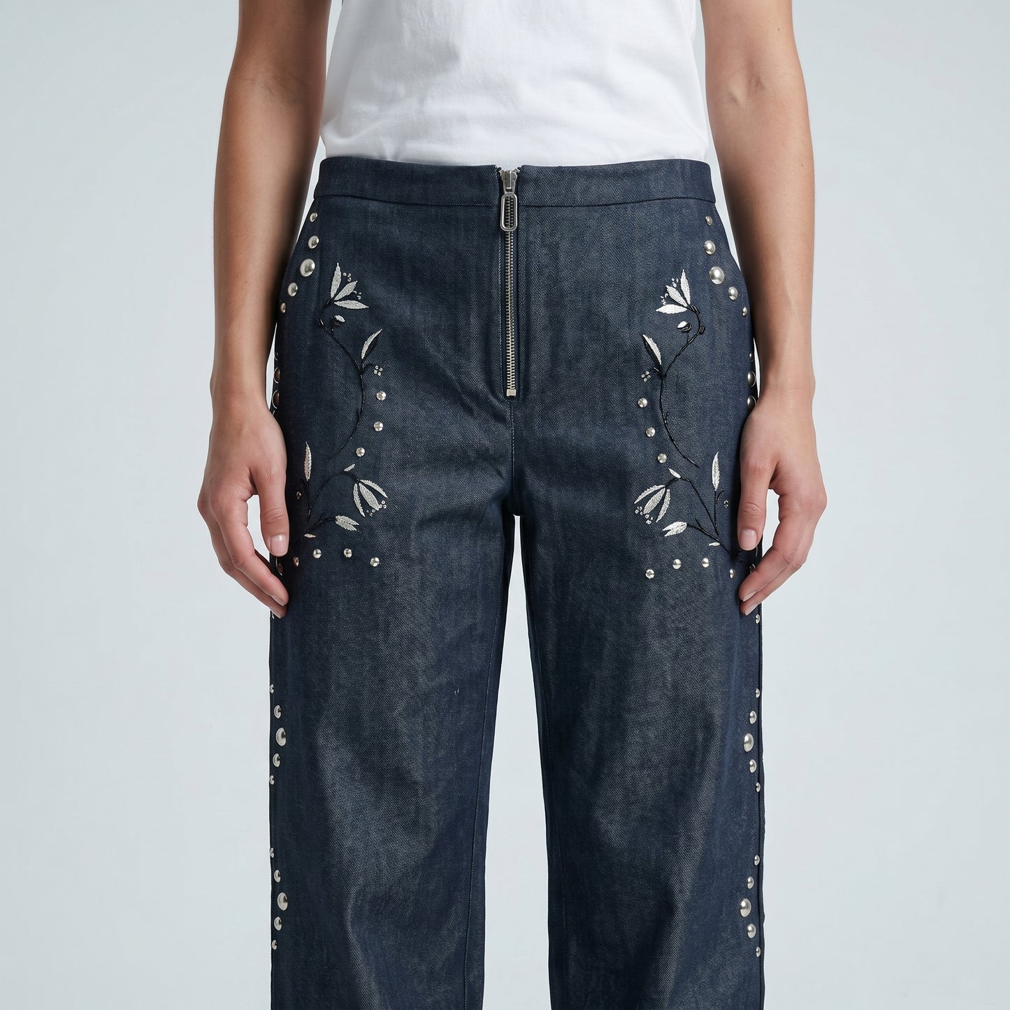 Embellished Floral Denim Trousers