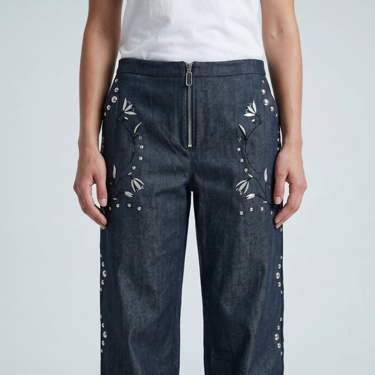 Embellished Floral Denim Trousers