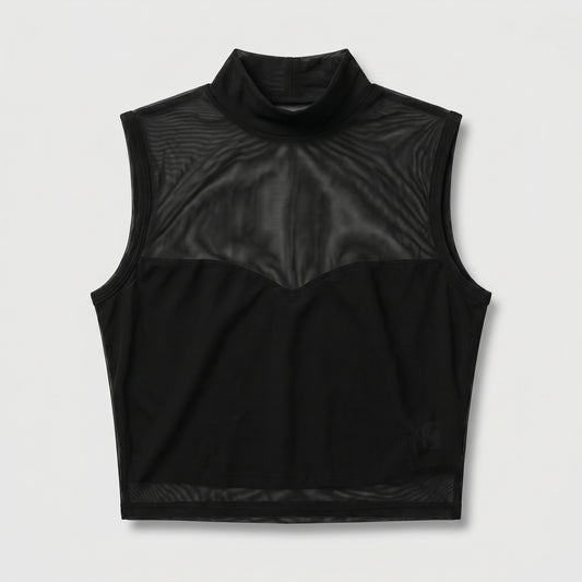 Sleeveless Sheer Mesh Mock-Neck Top