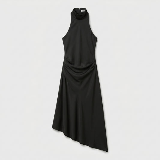 Asymmetric Drape High-Neck Dress
