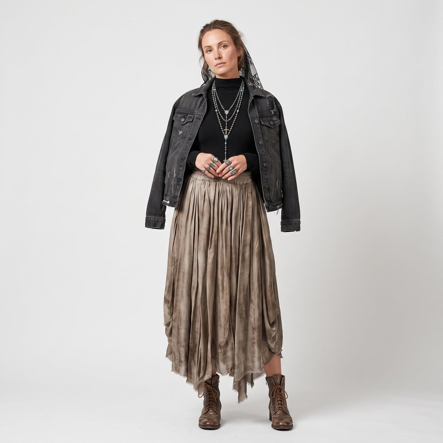 Distressed Pleated Midi Skirt