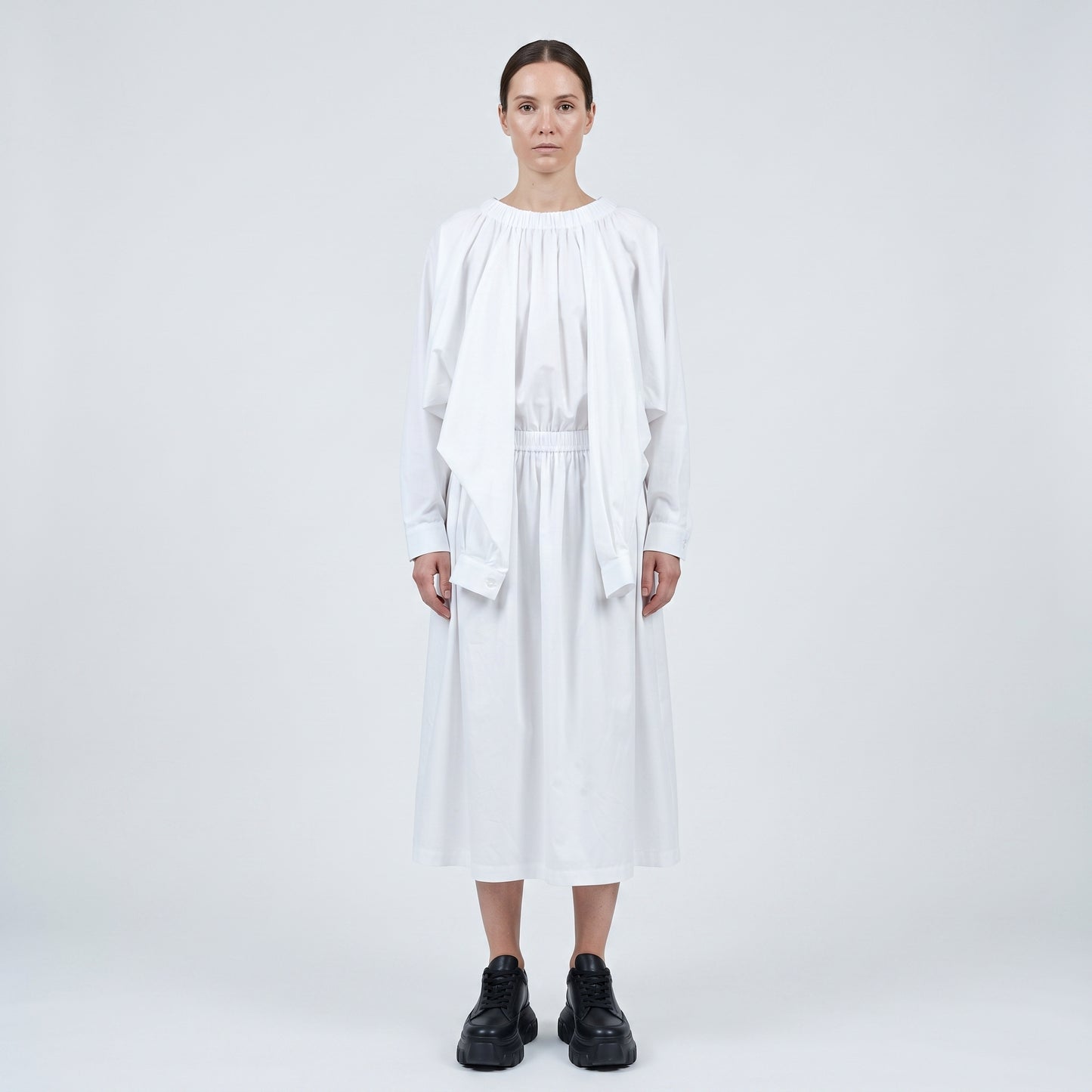 Elegant Gathered White Cotton Dress