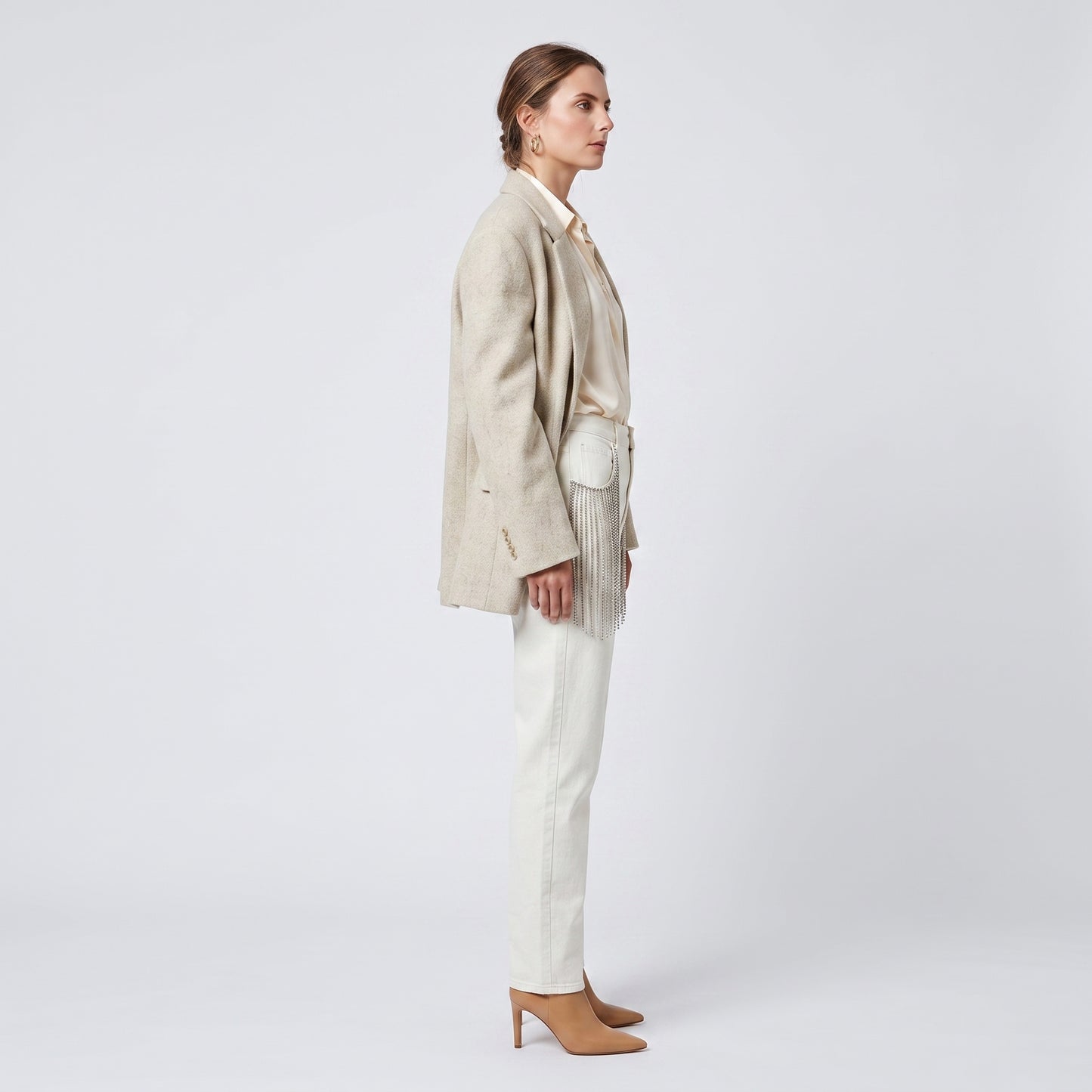 Crystal Embellished Ivory Denim Trousers