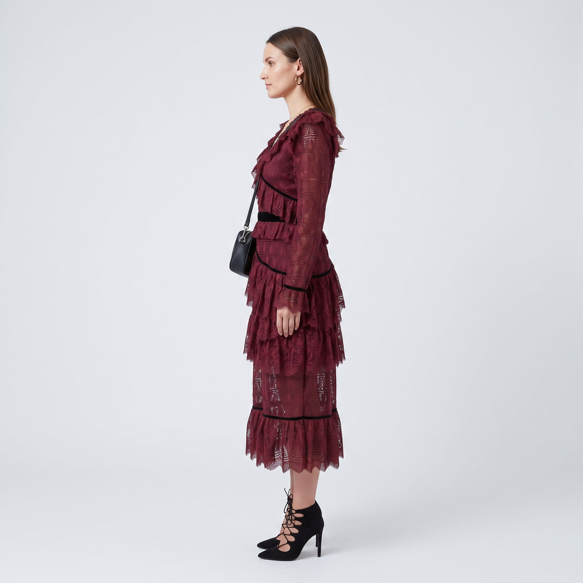 Burgundy Ruffled Lace Midi Dress
