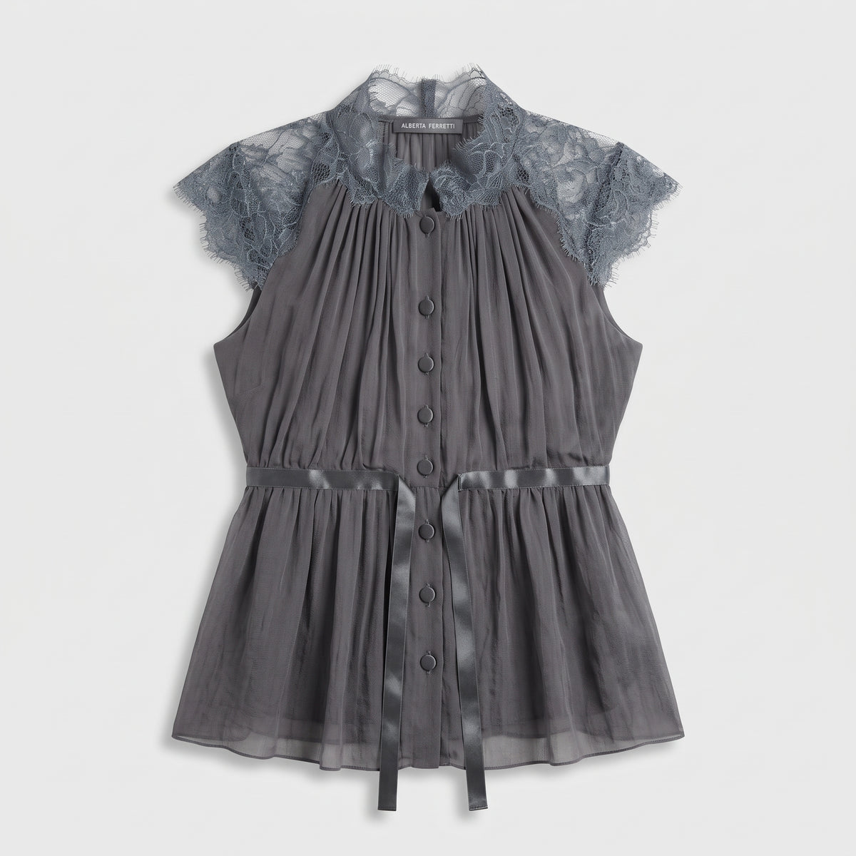Pleated Lace Trim Silk Blouse