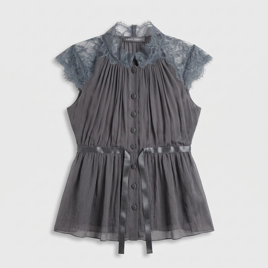 Pleated Lace Trim Silk Blouse