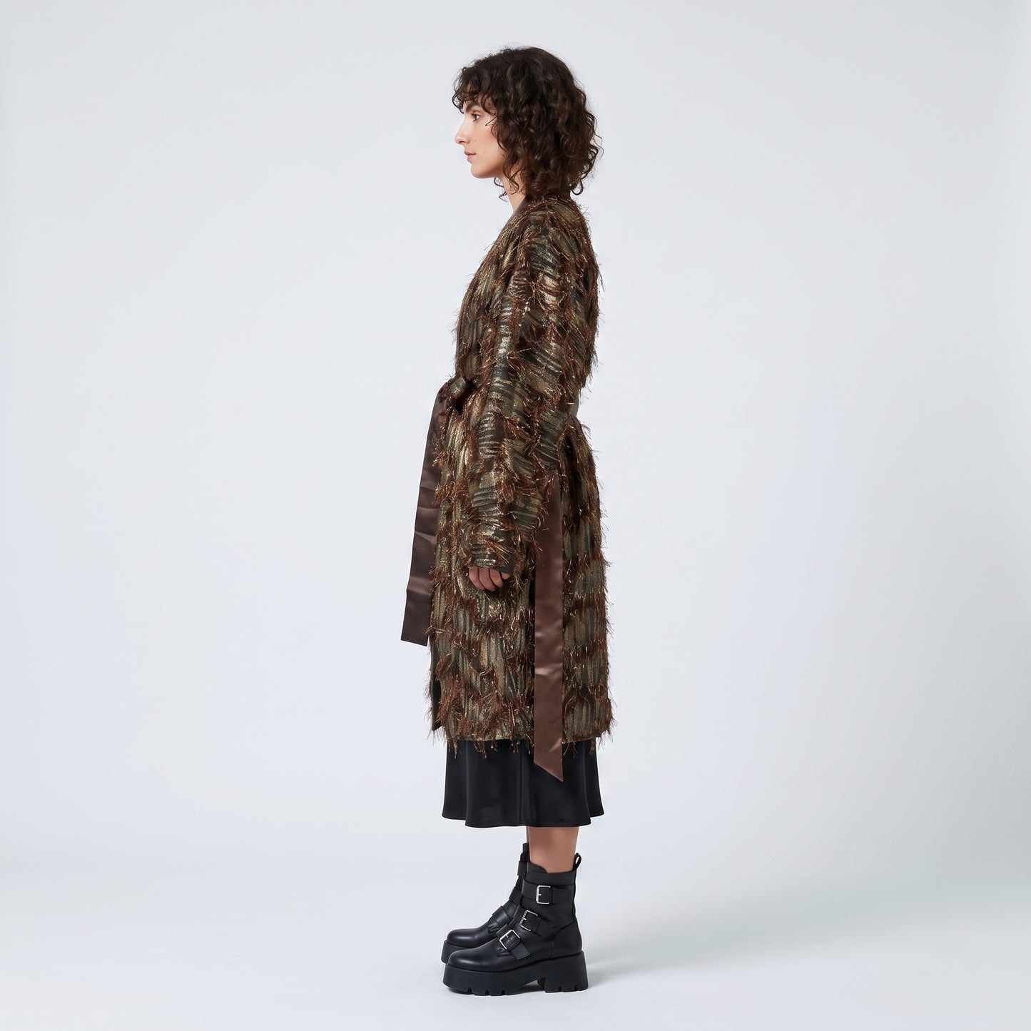 Metallic Fringed Belted Kimono Coat