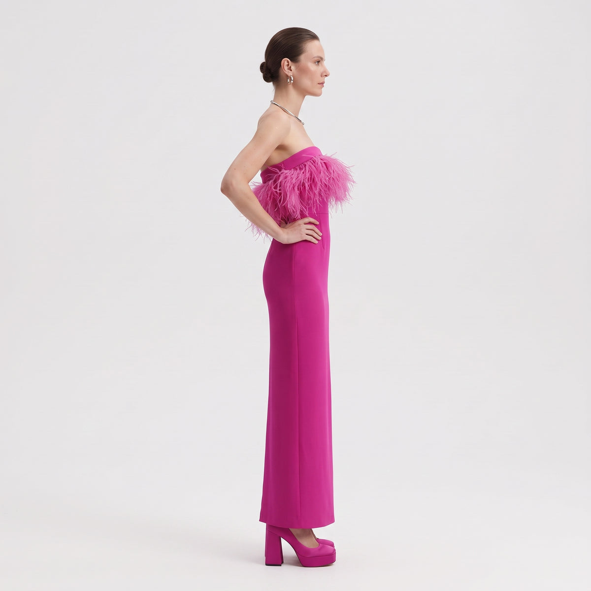 Feather Trimmed Strapless Gown