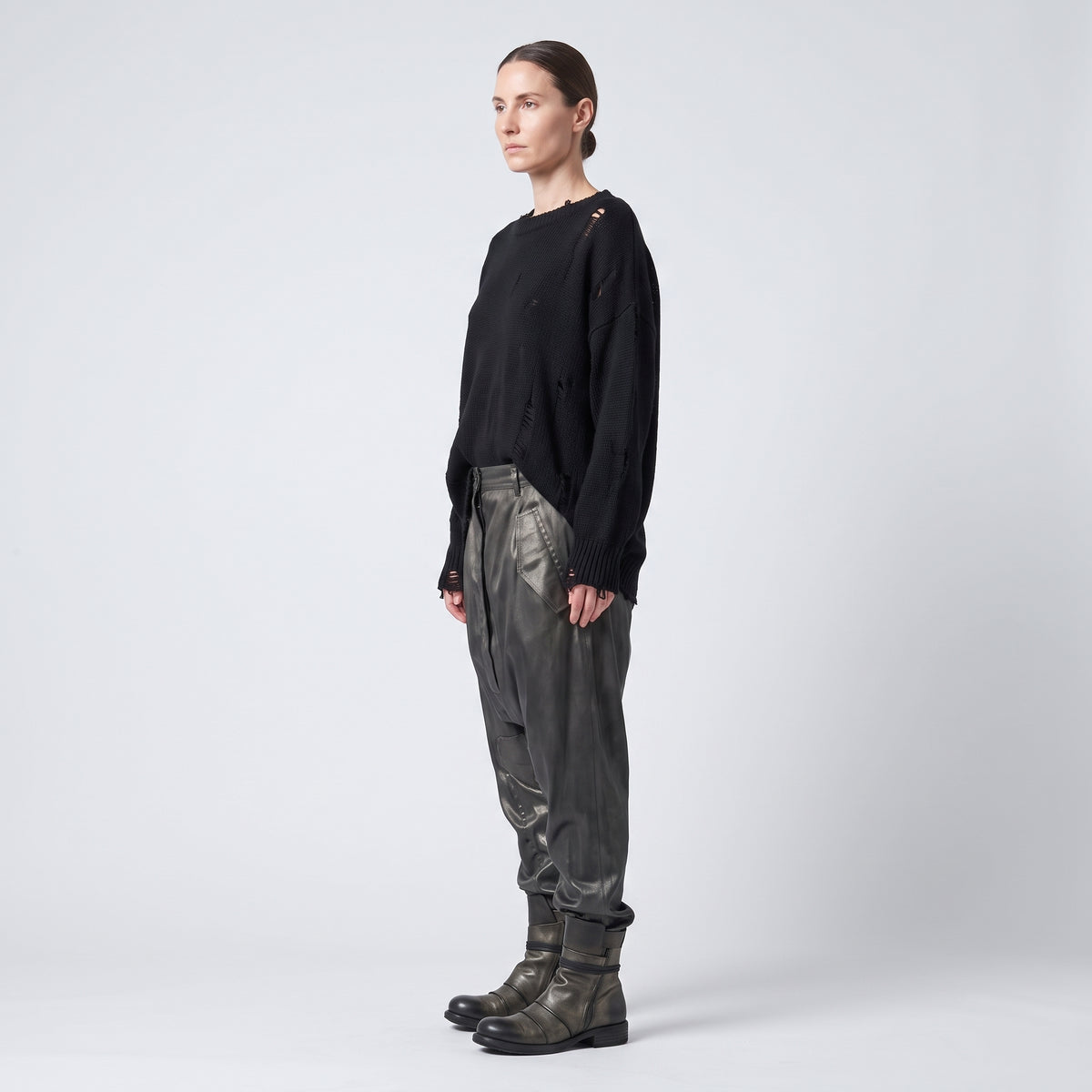 Structured Coated Dropped-Crotch Trousers