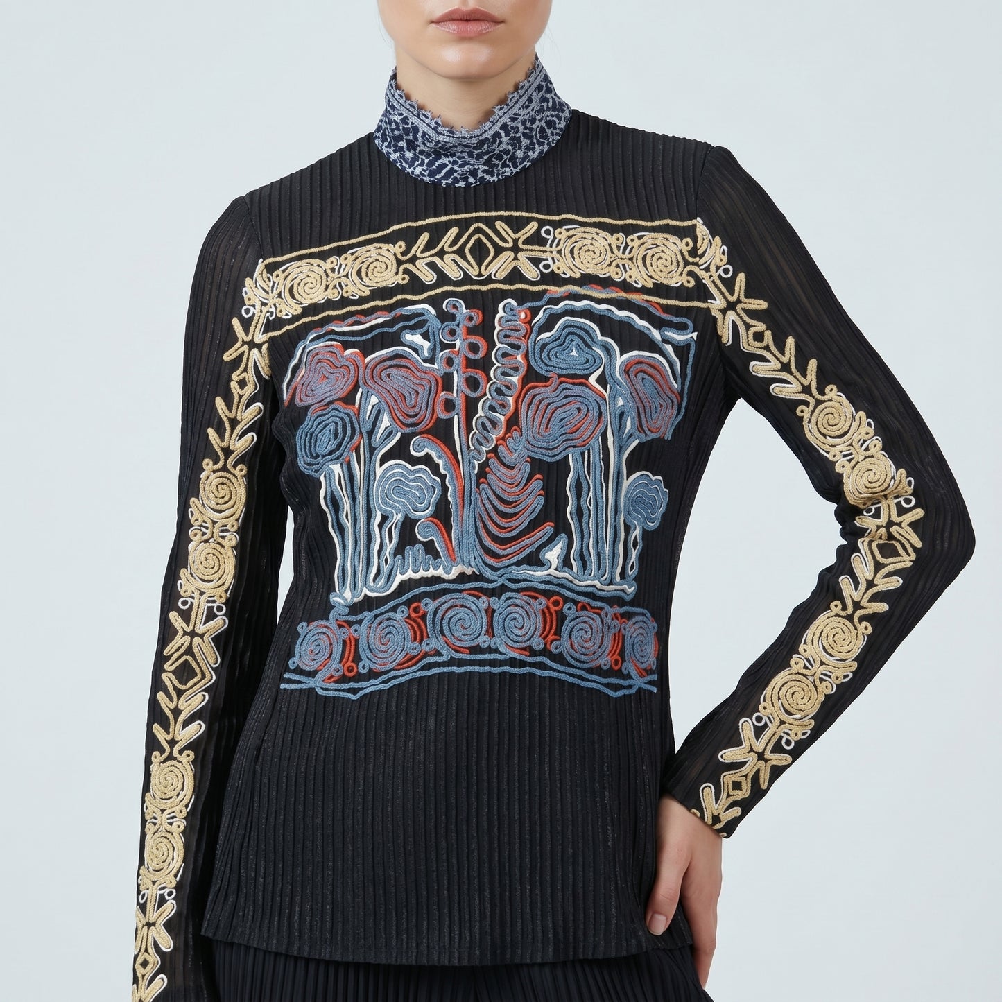 Embroidered Mock Neck Jersey Top