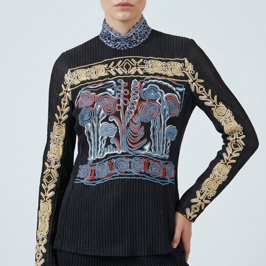 Embroidered Mock Neck Jersey Top